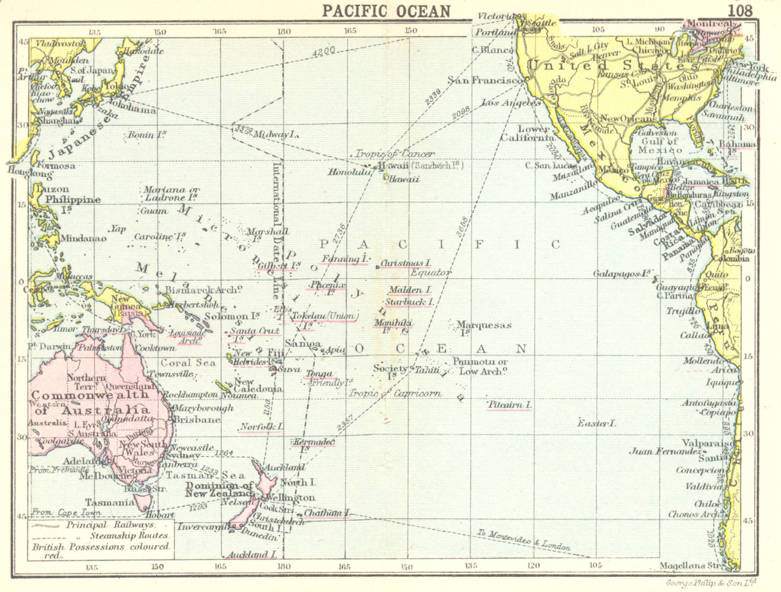 PACIFIC. Pacific Ocean; Small map 1912 old antique vintage plan chart